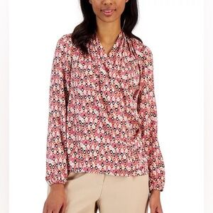 Anne Klein Printed Flat Satin Faux-Wrap Draped Blouse Sz Med - NWT